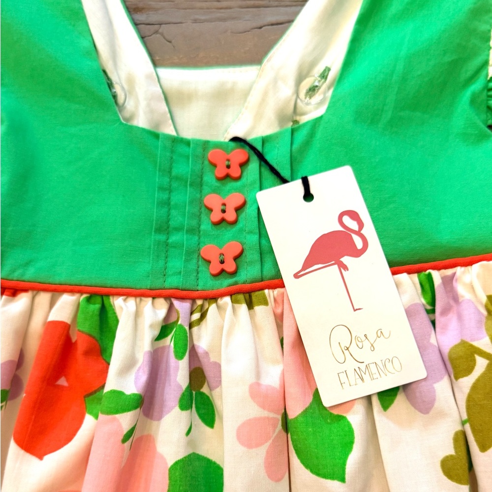 Rosa Flamengo Girl’s Floral Dress W/Eyelet Sleeves/Hem Handmade NWT - Picture 5 of 10